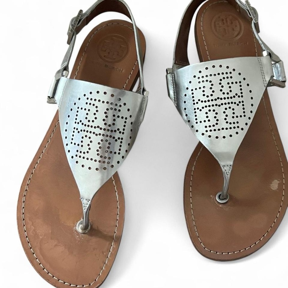 Tory Burch Metallic Silver and Tan Sandals